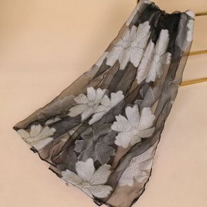 FLORAL EMBROIDERY SILVER SILK CHIFFON SCARF